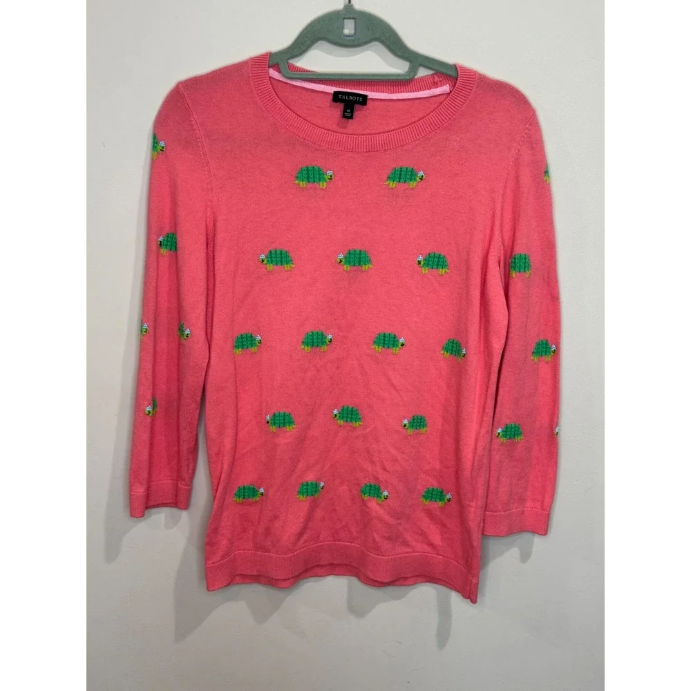 Talbots Coral Pink Novelty Print Beaded Turtle Sweater Med Preppy Sea Ocean